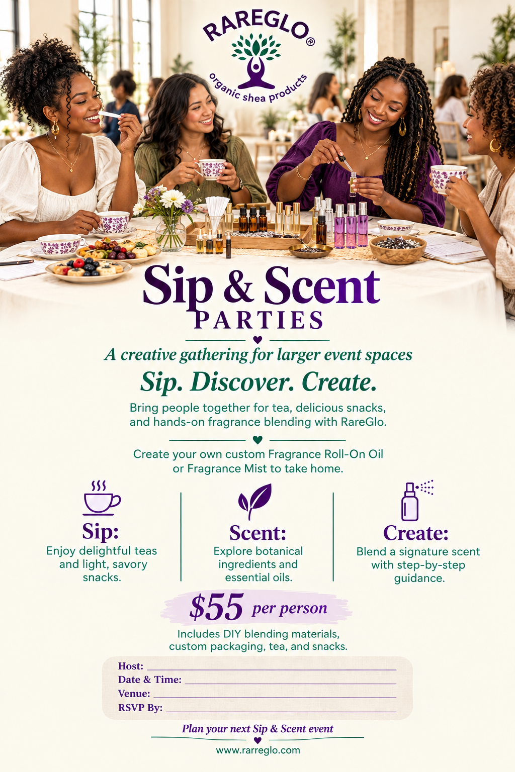 RareGlo Sip and Scent Parties larger-venue flyer at $55 per person