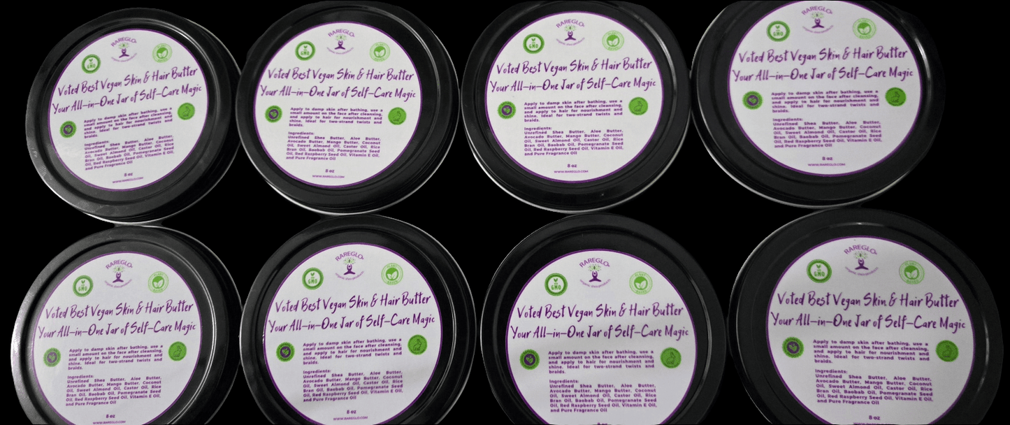 RareGlo Skin & Hair Butter 8 oz - Shea Butter, Mango Butter, Avocado Butter, Castor Oil, Pomegranate Seed Oil.