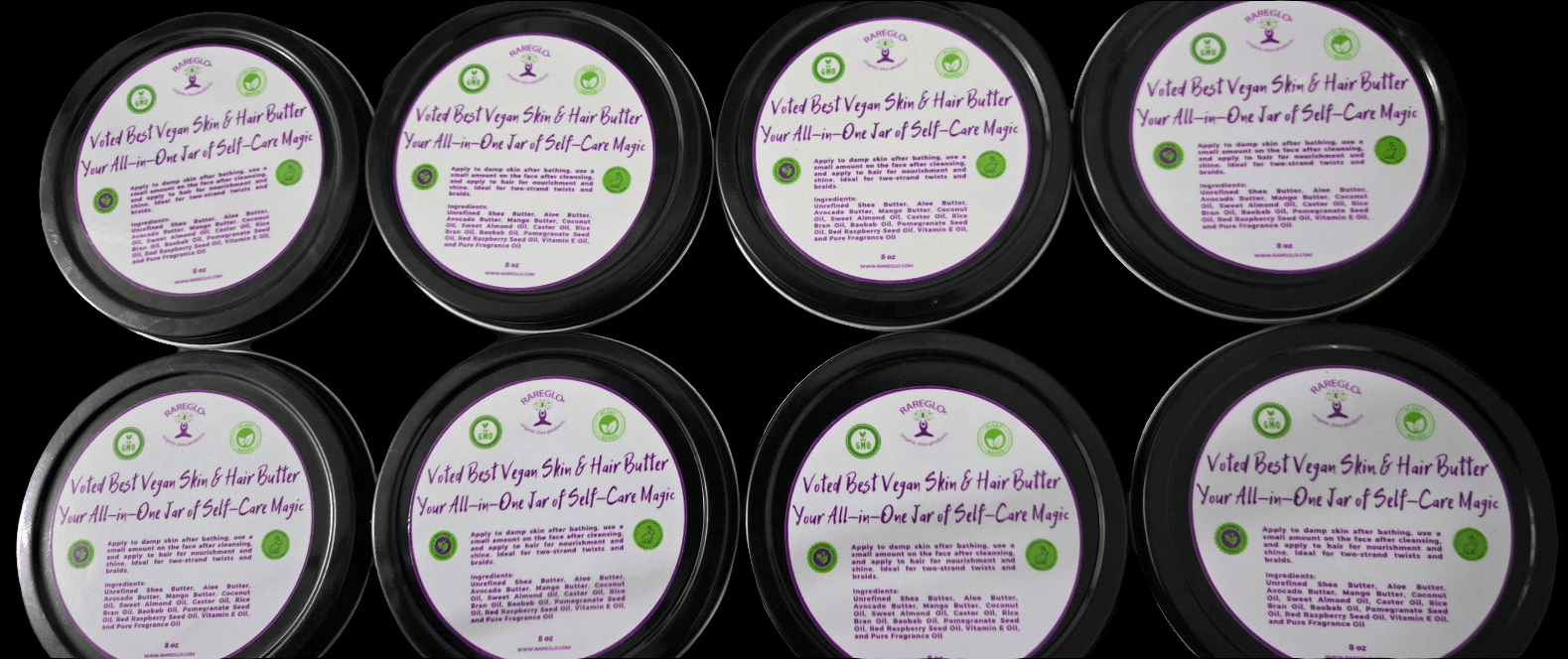 RareGlo Skin & Hair Butter 8 oz - Shea Butter, Mango Butter, Avocado Butter, Castor Oil, Pomegranate Seed Oil.